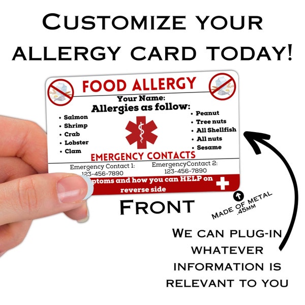 Customized Food Allergy Card, Custom Allergies ID, Medical Health Alert, In Case of Emergency Tag Severe Allergic Egg Tree Nut Milk Gluten