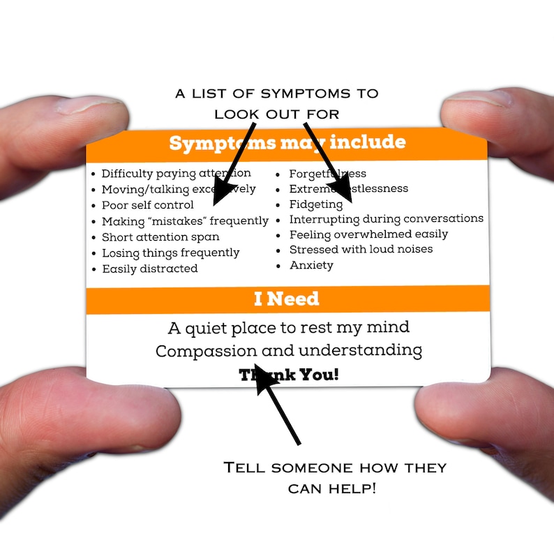 May include: An orange and white card with the text "Symptoms may include" and a list of symptoms related to anxiety and stress. The card also includes the text "I Need" and a list of needs for someone experiencing anxiety and stress. The card ends with the text "Tell someone how they can help!"