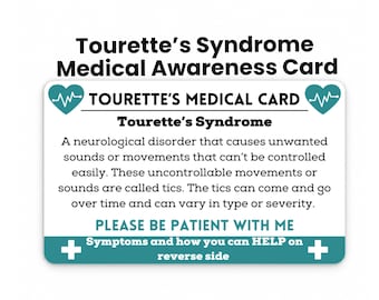 Tourette’s Syndrome Medical Alert Card Tag, Tourettes Awareness Lanyard, ICE, Tourette Aware Medic ID