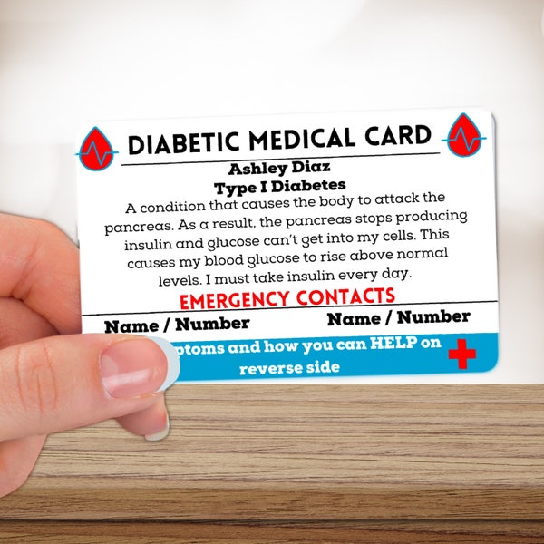 T1 Diabetes Medical Alert Card, Diabetes Awareness Wallet Insert, Juvenile Diabetes, Diabetes, Diabetic, type one diabetes, tackle diabetes