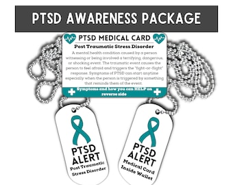 PTSD Card Medical Alert PACKAGE, Complex ptsd, Post Traumatic Stress Disorder, Emergency id Ice, c-PTSD Necklace Tag, Ptsd Awareness Gifts
