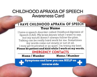 Childhood Apraxia of Speech ID Card, Metal Waterproof Medical Alert, Custom Wallet Card with Emergency Contacts, Apraxia Awareness Card