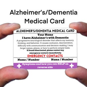 Tarjeta de alerta de identificación médica para concientización sobre la demencia por Alzheimer, paciente con demencia y cuidador, ayuda de ICE Aware en caso de emergencia para cordón de billetera