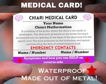 Malformación de Chiari, tarjeta de alerta médica para billetera, etiqueta médica, cirugía de malformación de Chiari, conciencia de malformación de Chiari, guerrero de Chiari