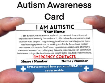 Puede incluir: Una tarjeta de Concienciación sobre el Autismo sostenida entre dos manos. La tarjeta muestra el texto "I AM AUTISTIC" y "Your Name". Incluye una descripción del autismo, una sección para contactos de emergencia y una nota sobre el reverso.