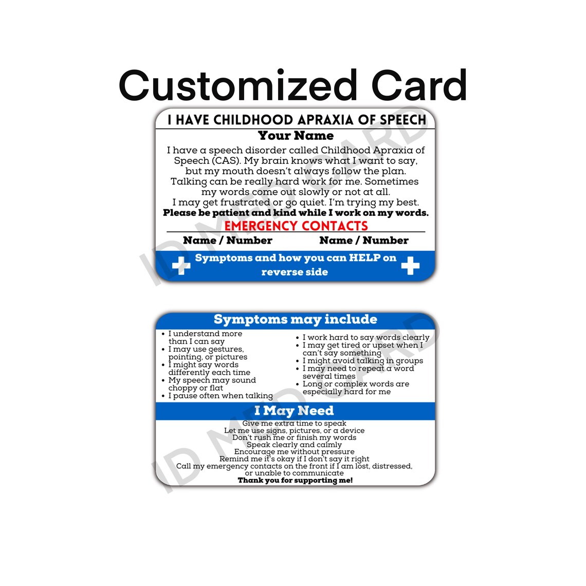 Slp Identification Childhood Apraxia of Speech ID Card, Metal Waterproof Medical Alert ...