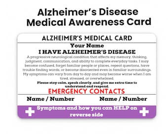Alzheimer’s Medical ID Card, Custom Name & Emergency Contacts, Dementia Awareness Wallet Card, Waterproof Metal Medical Alert