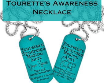 Tourettes Syndrome Medical Alert Necklace, Key Chain, I Have Tourettes, Tourette’s Syndrome Awareness, Lanyard, Aware Gift, I have Tics