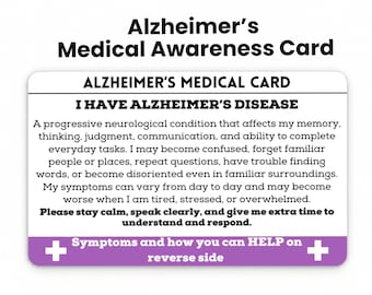Customizable Alzheimer's Medical ID Card, Dementia Awareness, Waterproof Metal Wallet Card