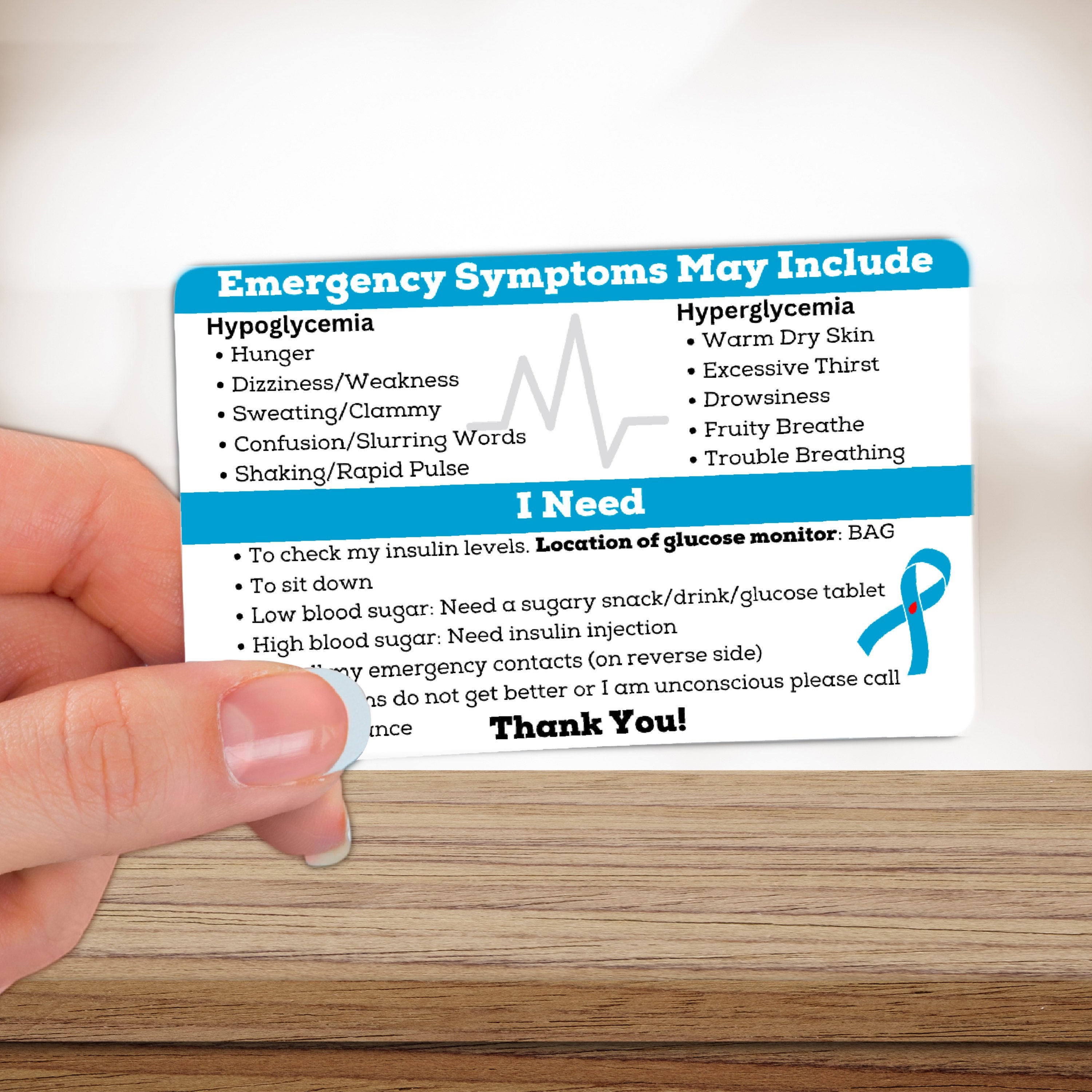 T1 糖尿病医療警告カード、糖尿病啓発ウォレットインサート