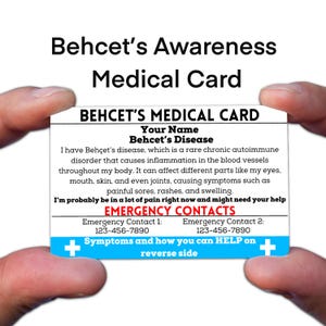 May include: A blue and white medical card with the text "Behcet's Medical Card" and "Behcet's Disease". The card includes information about Behcet's disease and emergency contact numbers.