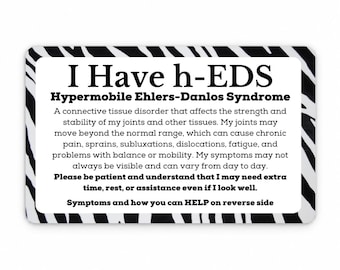 H-EDS Hypermobile Ehlers Danlos Syndrome Medical Card, Ehlers-Danlos Alert, Zebra Awareness, Rare Disease warrior, Emergency Contact Id hEds