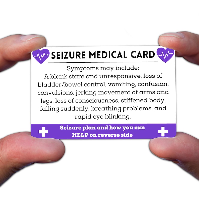 May include: Purple medical alert card with a heart symbol and the text "SEIZURE MEDICAL CARD". The card lists symptoms of a seizure and includes the text "Seizure plan and how you can HELP on reverse side".
