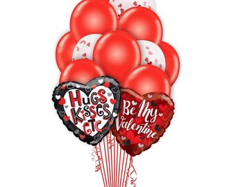 Valentines Balloon Bouquet (15 Balloons) Be My Valentine, Hugs & Kisses.