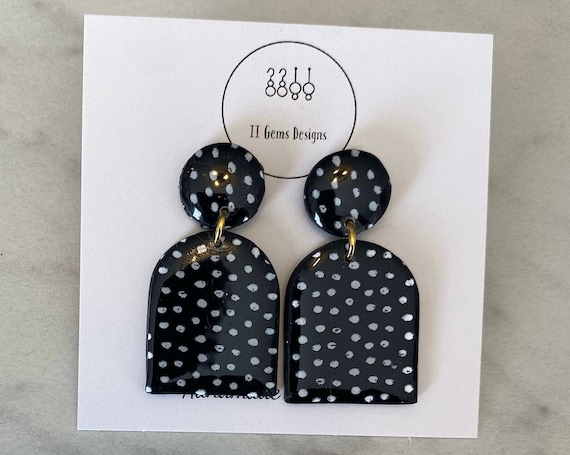 Polka Dot Dangle | Black and White | Polymer Clay Earrings | Handmade | Lightweight | Hypoallergenic | Statement Earrings | Modern Jewelry