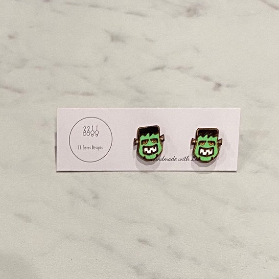 Frankenstein | Halloween Earrings | Wood Studs | Handmade | Hypoallergenic | Statement Earrings