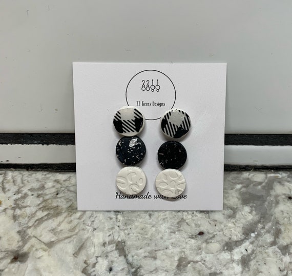 Black and White Stud Pack | Handmade | Polymer Clay Earrings | Hypoallergenic | Statement Earrings | Simple Jewelry