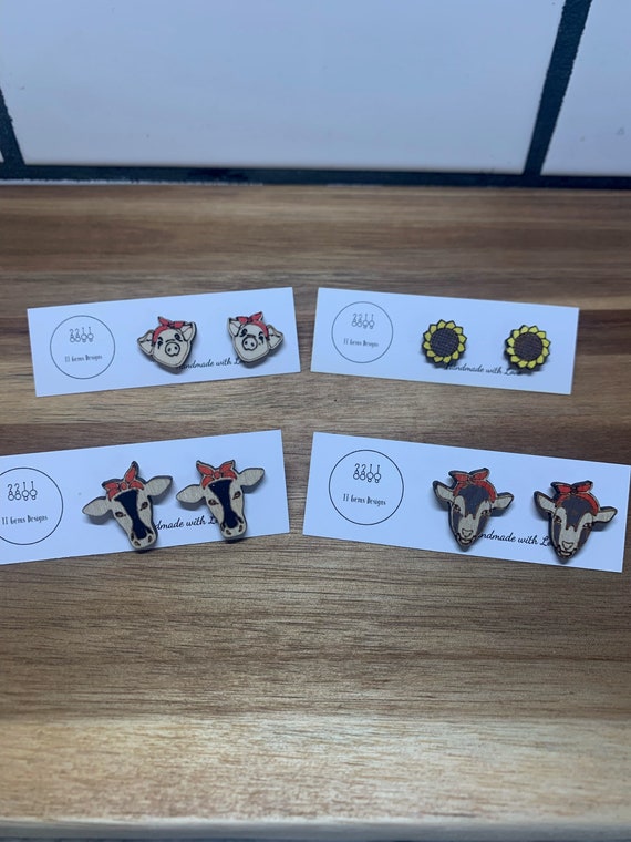 Farm Animal Headbands | Sunflower | Handmade | Wooden Earrings | Hypoallergenic | Statement Earrings | Simple Jewelry