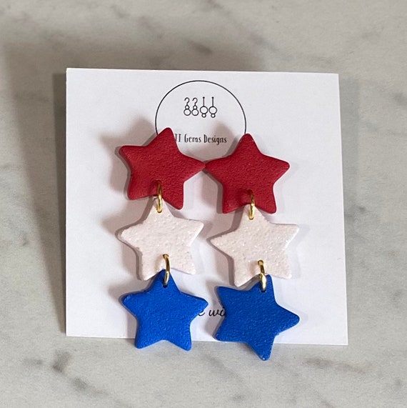 4th of July Earrings | Red White and Blue Stars | Polymer Clay Earrings | Handmade | Hypoallergenic | Statement Earrings | Modern Jewelry