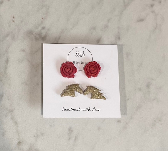 Derby Horse and Rose Stud Pack | Handmade | Polymer Clay Earrings | Hypoallergenic | Statement Earrings | Simple Jewelry