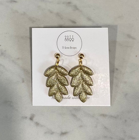 Gold Sparkle Leaf | Polymer Clay Earrings | Handmade | Lightweight | Hypoallergenic | Statement Earrings | Modern Jewelry