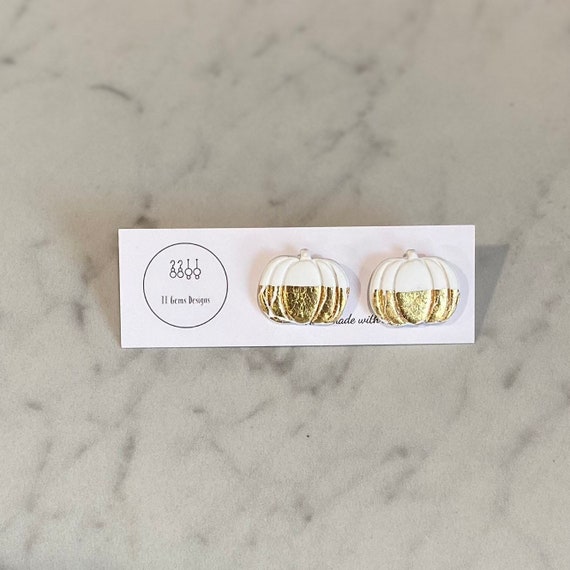 White and Gold Pumpkin Studs | Polymer Clay Earrings | Handmade | Hypoallergenic | Statement Earrings | Fall Jewelry