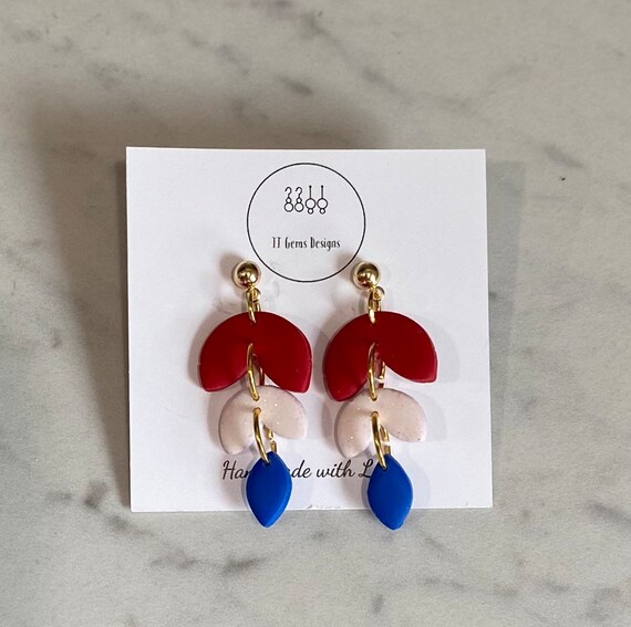 4th of July | Red White and Blue Tiered Dangles | Polymer Clay Earrings | Handmade | Lightweight | Hypoallergenic | Statement Earrings