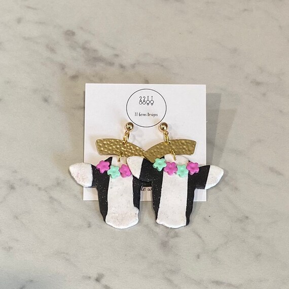 Large Cow Dangles | Handmade | Polymer Clay Earrings | Lightweight | Hypoallergenic | Statement Earrings | Simple Jewelry