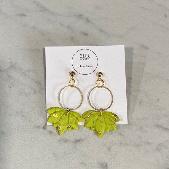 Green and Gold Lotus | Polymer Clay Earrings | Handmade | Lightweight | Hypoallergenic | Statement Earrings | Modern Jewelry
