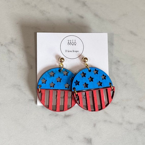 4th of July Earrings | Wood Dangles | Polymer Clay Earrings | Handmade | Lightweight | Hypoallergenic | Statement Earrings | Modern Jewelry