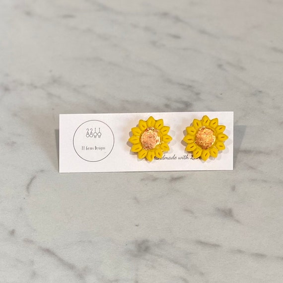 Yellow and Rose Gold Sunflowers | Polymer Clay Earrings | Handmade | Hypoallergenic | Statement Earrings | Modern Jewelry