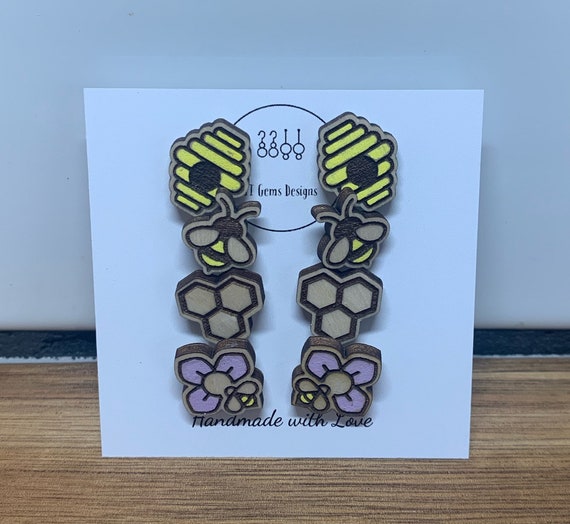 Honey Bee | Handmade | Wooden Earrings | Hypoallergenic | Statement Earrings | Simple Jewelry