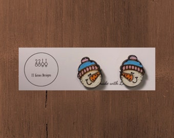 Snowman Studs | Christmas Earrings | Wood Studs | Statement Earrings | Handmade | Hypoallergenic