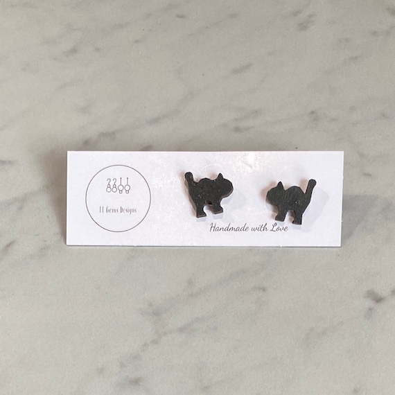 Black Cat | Halloween Earrings | Wood Studs | Hypoallergenic | Statement Jewelry