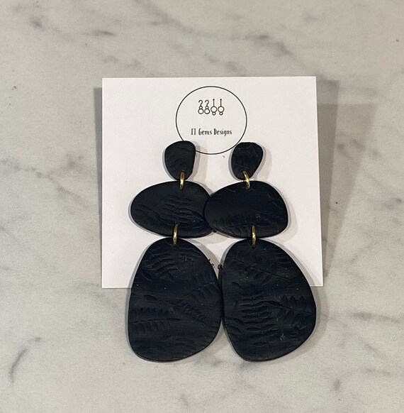 Black Textured Dangle | Handmade | Polymer Clay Earrings | Lightweight | Hypoallergenic | Statement Earrings | Simple Jewelry
