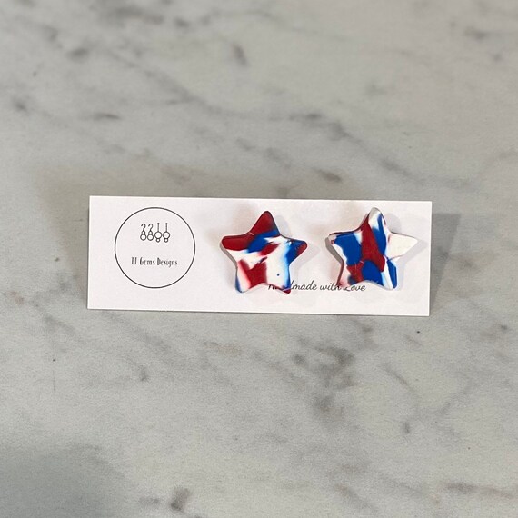 Red White and Blue Stars | Marbled Studs | Polymer Clay Earrings | Handmade | Hypoallergenic | Statement Earrings | Modern Jewelry