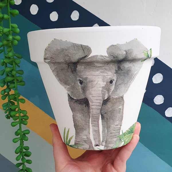 Grey elephant decoupaged teracotta plant pot for home and garden