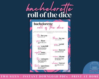 May include: A printable bachelorette party game with a pink and blue marble background. The game is called "Bachelorette Roll of the Dice". The rules are to roll a die and follow the instructions for each number. The numbers are two, three, four, five, six, seven, eight, nine, ten, eleven, and twelve.
