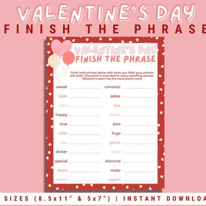 Valentine&#39;s Day Finish the Phrase Game | Printable Party Games, Games for Kids and Adults, Family Valentine&#39;s Day, Instant Download