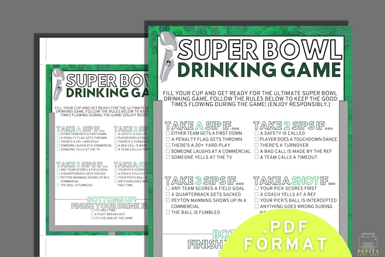SUPER BOWL Drinking Game Printable Super Bowl Printable Etsy