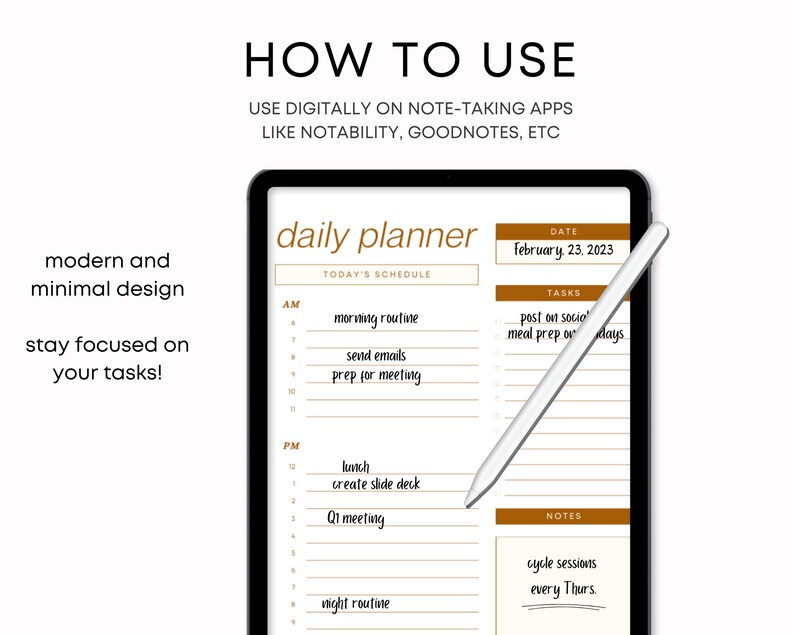 Daily Planner Template, Daily Schedule Minimalist Printable and Digital