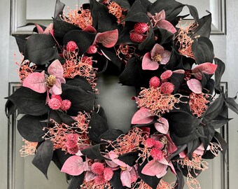 Halloween Wreath Front Door Black Leaves Wreath With Mauve Leaves Thistle Gothic Wreath for Entryway, Housewarming Gift, Black Floral Wreath