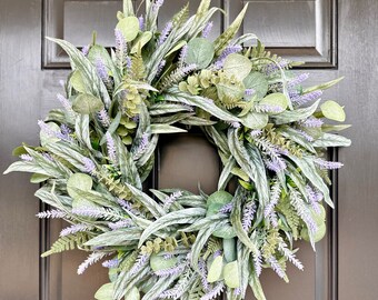 Lavender and Eucalyptus Greenery Wreath, Everyday Cottage Front Door Décor, Farmhouse Wreath Décor, All Season Housewarming Gifts for Her