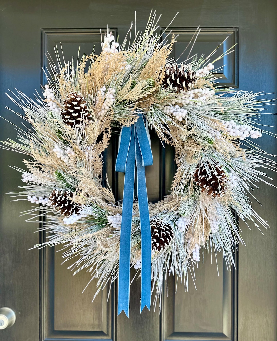 Winter Wreath for Front Door With Blue Velvet Bow, Frosted Pinecone ...