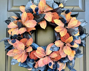 Fall Front Door Glam Thistle Wreath with Sparkly Blue and Orange Leaves, Halloween and Thanksgiving Housewarming Gift for Her, Holiday Decor