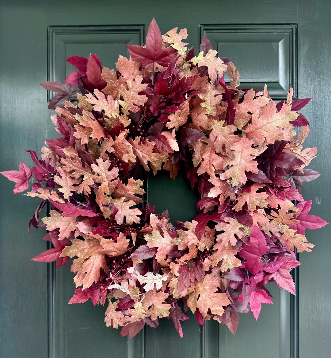 Fall Oak Leaves Farmhouse Wreath for Front Door With Mauve and Plum ...