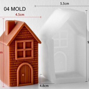 May include: A brown house-shaped object next to a translucent white silicone mold labeled 04 MOLD. The brown house is 4.5 cm wide and 7.8 cm tall. The silicone mold is 5.5 cm wide, 4.8 cm deep, and 9 cm tall, featuring a brick pattern and door.