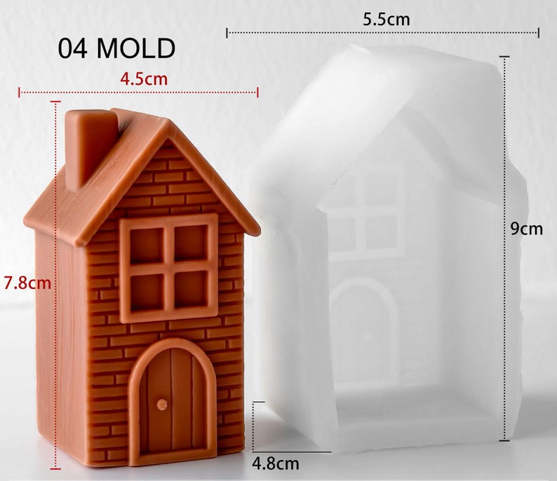 May include: A brown house-shaped object next to a translucent white silicone mold labeled 04 MOLD. The brown house is 4.5 cm wide and 7.8 cm tall. The silicone mold is 5.5 cm wide, 4.8 cm deep, and 9 cm tall, featuring a brick pattern and door.
