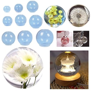 Puede incluir: Un conjunto de moldes redondos de silicona transparentes para fundición de resina. Los moldes se muestran con varios proyectos de resina, incluyendo un diente de león, flores y un carrusel. Los moldes están disponibles en diferentes tamaños.