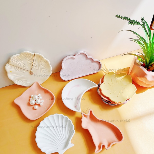 Shell cat dog cloud moon Jewelry dish Concrete Silicone Mold  Epoxy RESIN Terrazzo Jesmonite Cement trinket dish Mold Soap Tray Mold